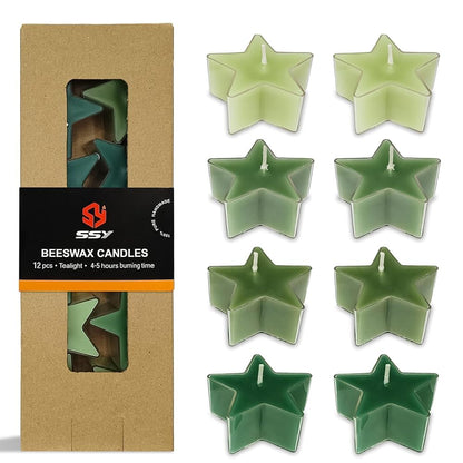 Tea Lights Gradation Green Star Tea Candles Set of 12 – Tealight Candles with Cedar Scent, Long Burning Handmade Tealights for Wedding Meditation Home Decor Gift