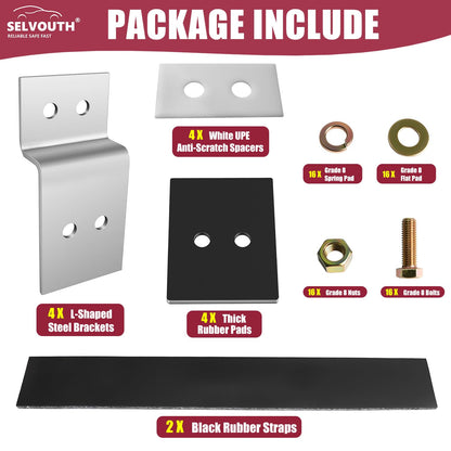 Cab Rack Side Mounting Kit - 4 L-Shaped Steel Brackets with 4-Hole Design, 2 Black Rubber Straps, 4 Thick Rubber Pads, 4 White UPE Anti-Scratch Spacers, Complete Set of Bolts, Nuts and Washers.