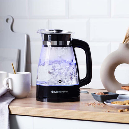 Russell Hobbs Kettle Glass [1.7 L, 2400 W, Optimised Design Spout Made of Glass, LED Lighting] Classic Design (Quick Boil Function, Removable Lid, Limescale Filter, Stainless Steel Base) 26080-70