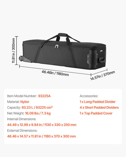 VEVOR Studio Equipment Trolley Case, 46.46 x 14.57 x 11.81 in / 118 x 37 x 30 cm, Rolling Camera Bag, Carrying Bag with Wheels Straps Padded Compartment Handle, for Light Stands, Tripods, Telescopes