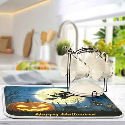 Bolaz Halloween Night Witch Bat Dish Drying Mat, Extra Large, 18" x 24", Black, Rectangular