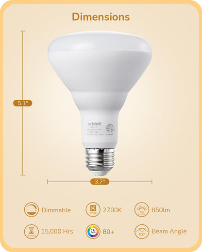 EDISHINE BR30 LED Bulb, Dimmable 11W Equivalent 65W, 850LM, 2700K Warm White, E26 Base, 6 Pack, ETL
