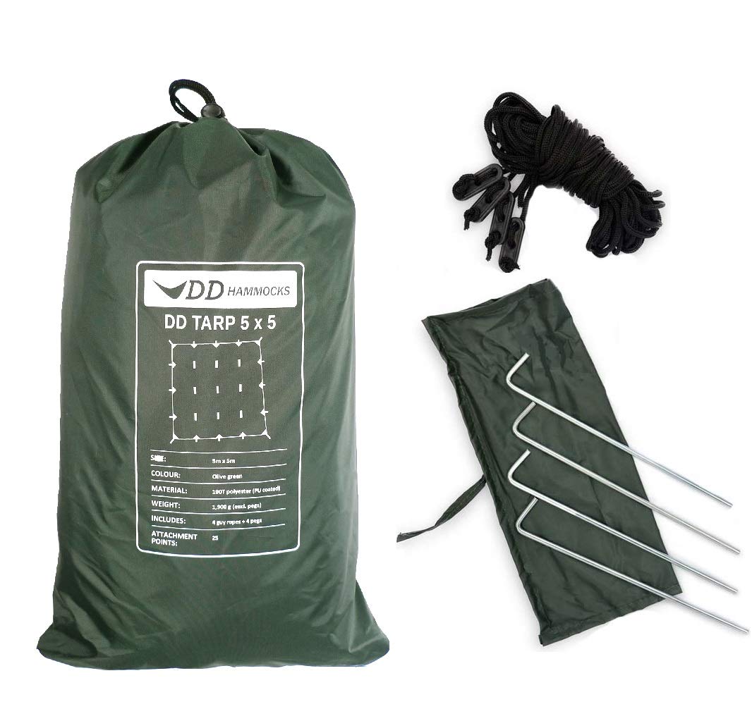 DD Hammocks - DD Tarp 5x5 - Olive Green (16ft x 16ft) - 100% Waterproof Lightweight & Multifunctional Rainfly Extra Large Tarp Tent Group Shelter for Camping Day Trips Adventure & Scouts