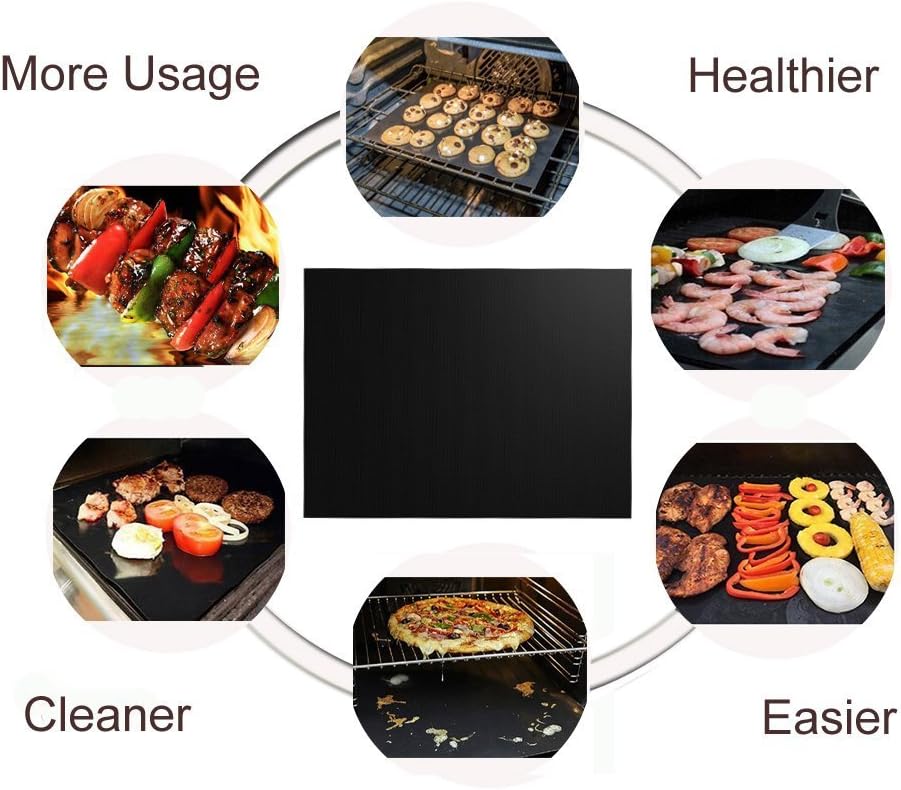 Renook Grill Mat Set of 6 | 100% Non-Stick Reusable Mats for Easy Cleaning - 15.75 x 13-Inch, Black