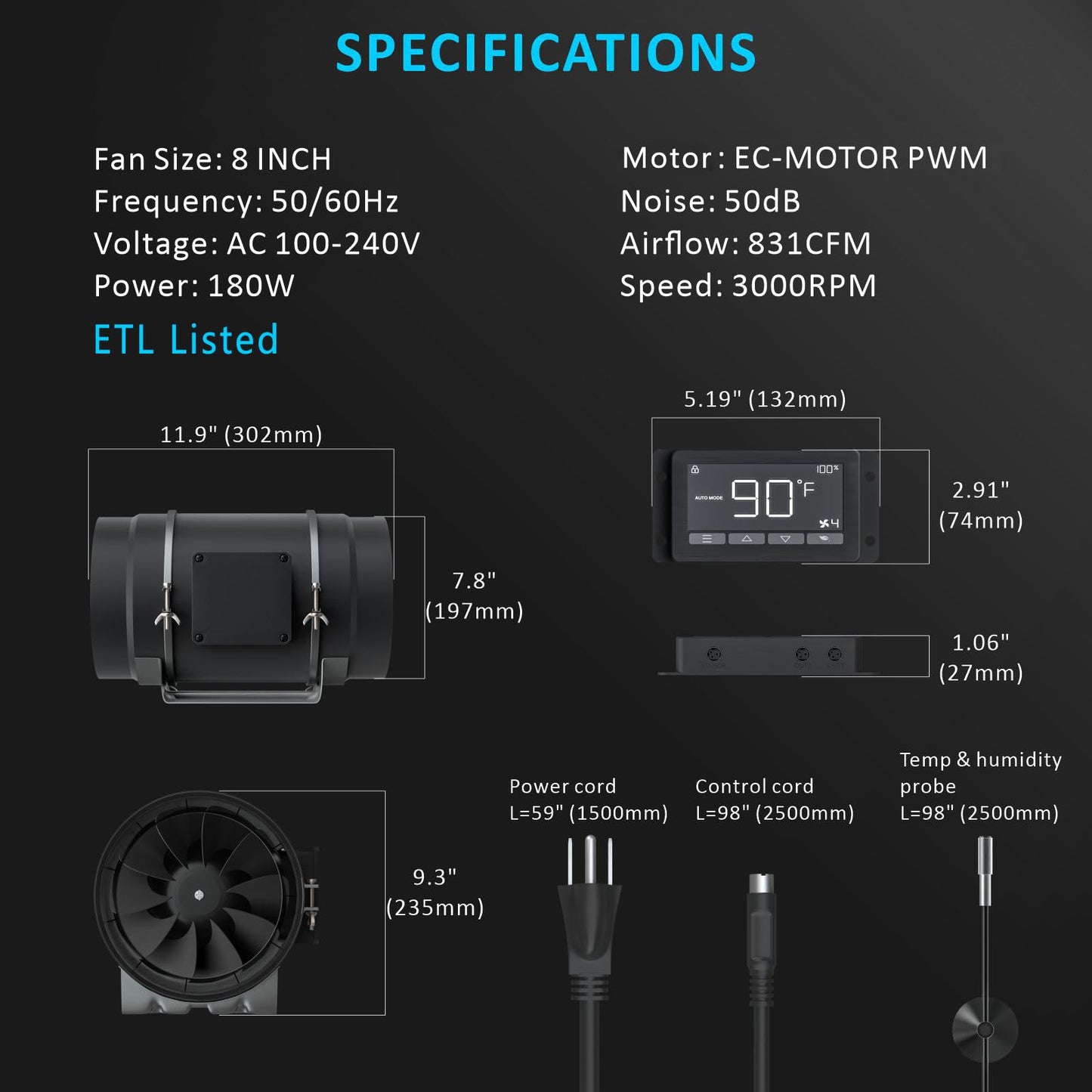 Toolazy 8 Inch Inline Duct Fan with WiFi App Control, 831 CFM Quiet EC Motor Ventilation Fan with Temperature Humidity Sensor, Smart Exhaust Fan for Large Grow Tent, Hydroponics, HVAC, Commercial Use
