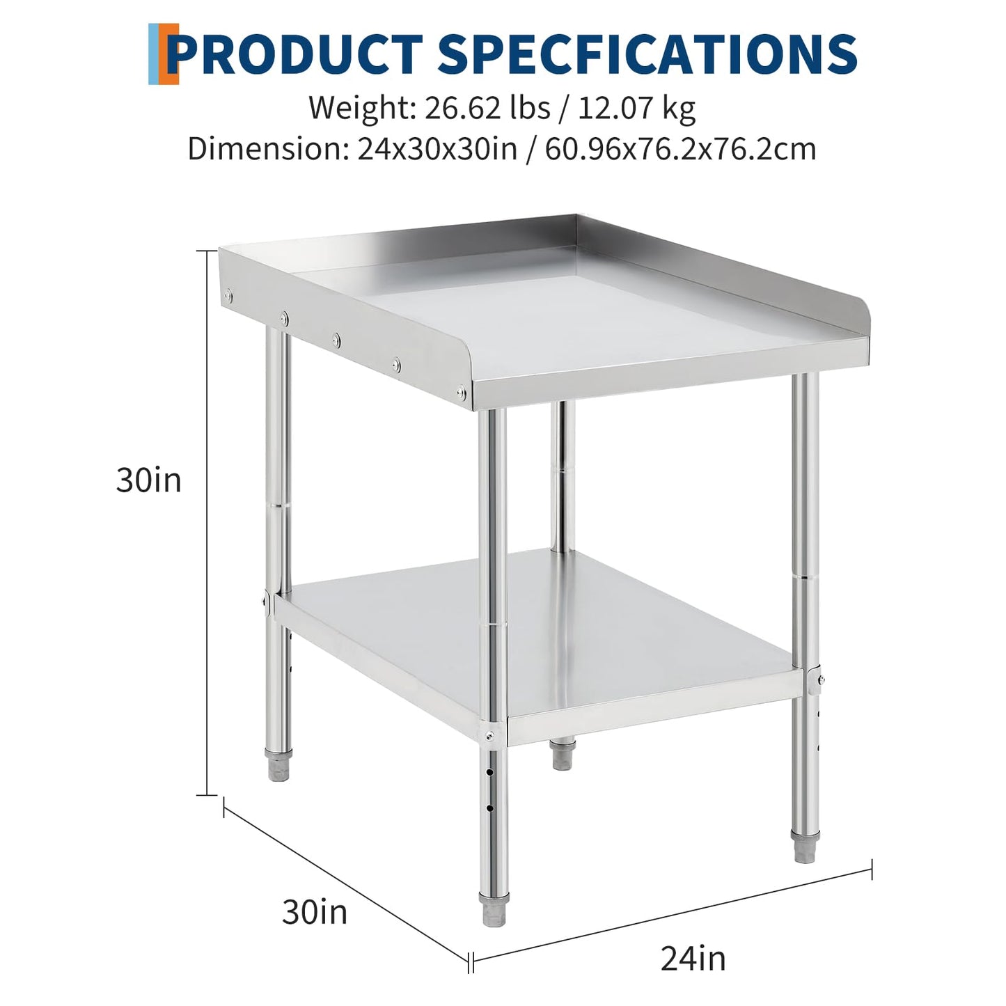 24 * 30 * 30inch Equipment Grill Stand Table, 400 Lbs Capacity Commercial Prep Table with Removable Baffle, NSF-Certified Stainless Steel Worktable, for Restaurant Kitchen Food Truck Outdoor BBQ