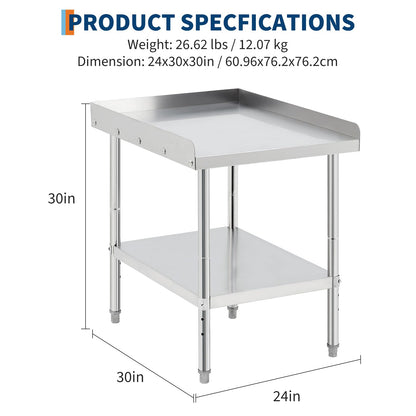 24 * 30 * 30inch Equipment Grill Stand Table, 400 Lbs Capacity Commercial Prep Table with Removable Baffle, NSF-Certified Stainless Steel Worktable, for Restaurant Kitchen Food Truck Outdoor BBQ