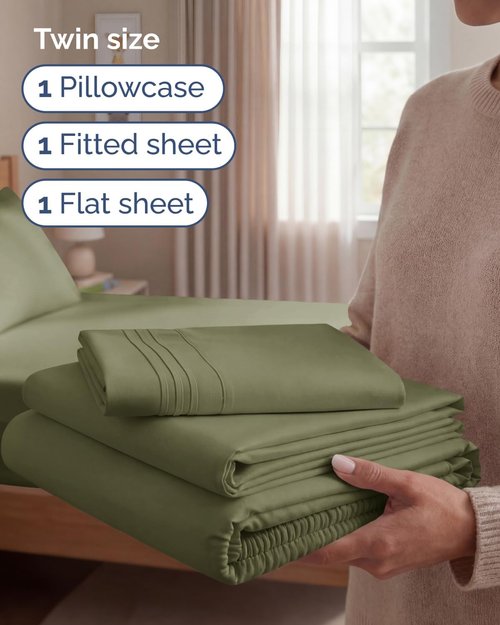 Comfy Twin Size 3-Piece Sheet Set | Breathable & Cooling Hotel Luxury Bedding - Sage Green