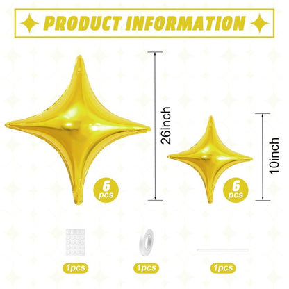 Gold Star Balloons,12Pcs Four Angle Star Foil Balloons,26Inch and 10Inch Gold Quadrangle Helium Balloon for Birthday Graduation Anniversary Baby Shower Wedding Party Decorations