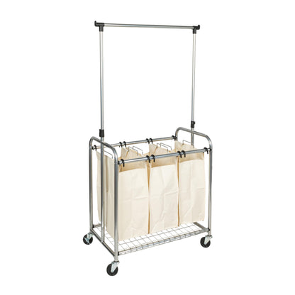 Household Essentials 3-Bag Laundry Sorter with Clothes Rack, Silver, Lightweight, Removable, Sturdy