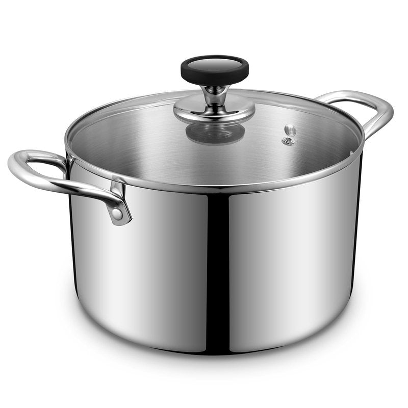Tri-Ply Stainless Steel Stock Pot, 6.5 Quart Heavy Duty Induction Cooking Pot with Visible Lid for Pasta, Soup, Spaghetti, Sturdy & Double Handle, Dishwasher Safe
