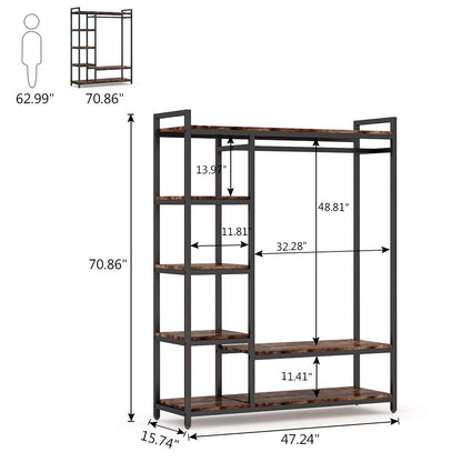 LITTLE TREE Free Standing Wood Closet Clothes Rack,Heavy Duty Grament Rack with Shelves,Hanging Racks for Clothes Clothing Rack for Bedrom,Wardrobe Closet Organizer,350 lb Capacity,Rustic