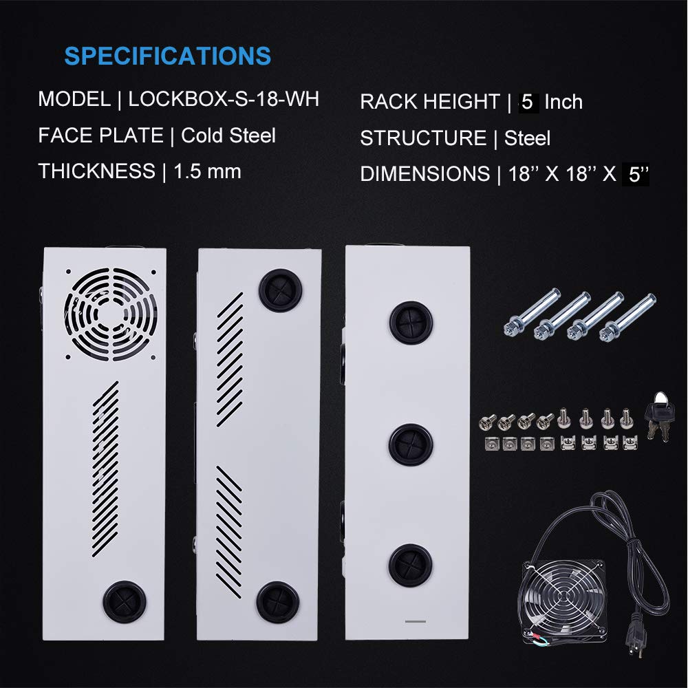 Kenuco Heavy Duty 16 Gauge Steel DVR Security Lockbox with Fan and Swing Open Top (18'' x 18'' x 5'' White)
