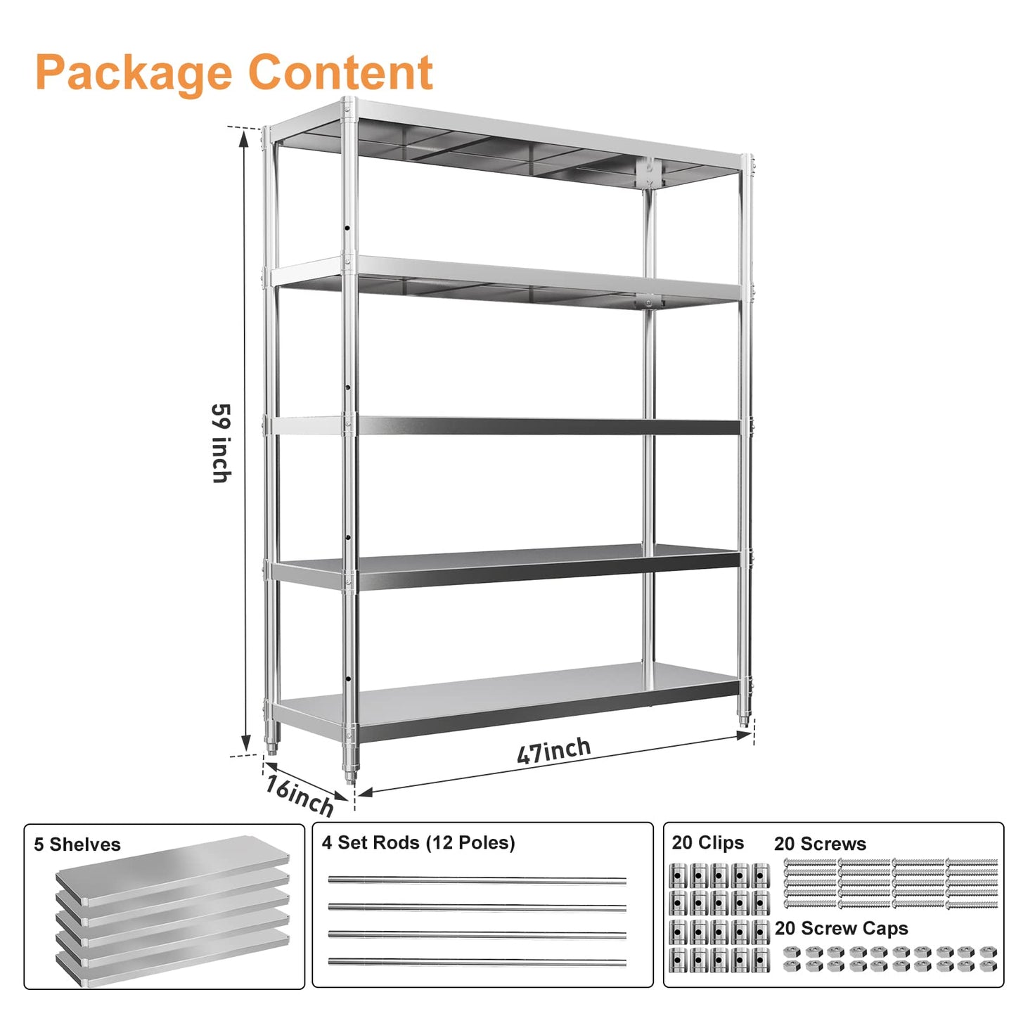 storage rack, 5 Tier Shelf Adjustable Stainless Steel Shelves, Sturdy Metal Shelves Heavy Duty Shelving Units and Storage for Kitchen Commercial Office Garage Storage, 47L X 16W X 59H 1100Lbs Total