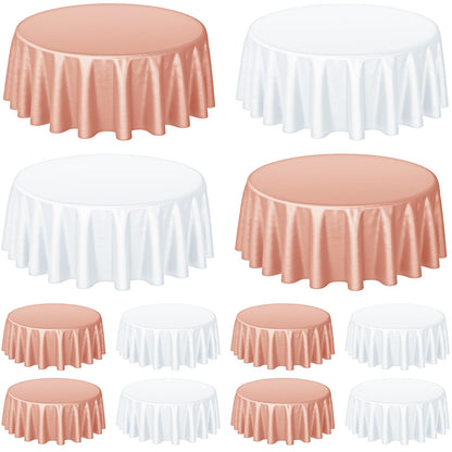 Buryeah 12 Pcs 84 Inch Rose Gold and White Round Plastic Disposable Table Cloth Waterproof Tablecloth Circle Table Covers for Bridal Wedding Birthday Party Gender Reveal Baby Shower