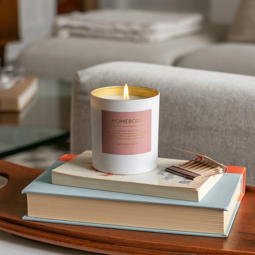 Moodcast Homebody Scented Candle - Aesthetic Candle for Home, Vanilla, White Bergamot & Smoky Cade, Clean Coco Wax Blend, Vegan, Paraben Free, 45-Hour Long Lasting Burn - 8oz