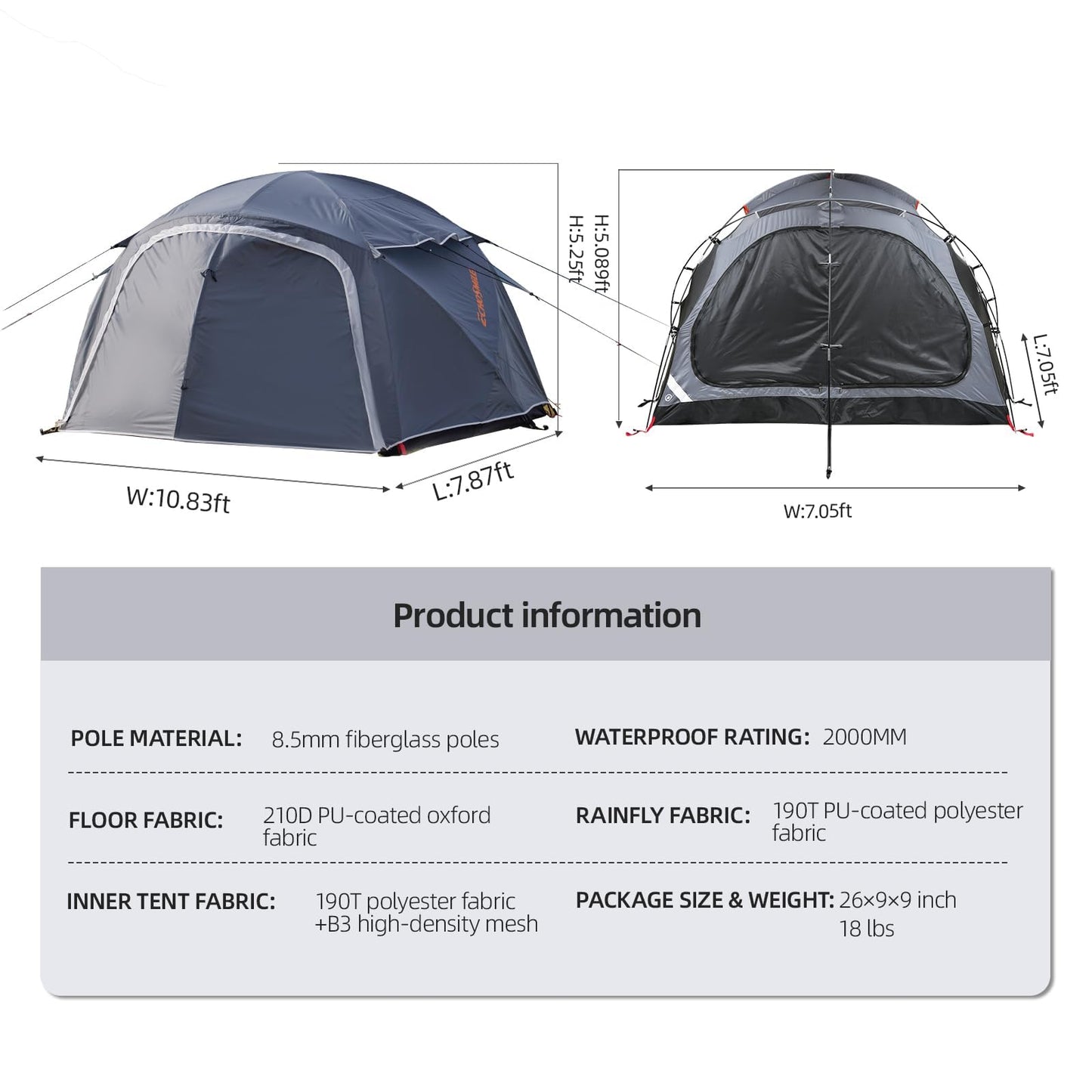 EchoSmile 3-5 Person Family Camping Tent, Waterproof Windproof Heavy Duty Dome Shelter, Easy Setup Multi-Pole Cabana with Extra Storage Room for Wet Bags & Shoes, Outdoor Hiking Travel -Gray