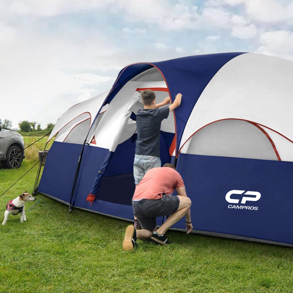 CAMPROS CP Tent 8 Person Camping Tents, Weather Resistant Family Tent, 5 Large Mesh Windows, Double Layer, Divided Curtain for Separated Room, Portable with Carry Bag - Blue