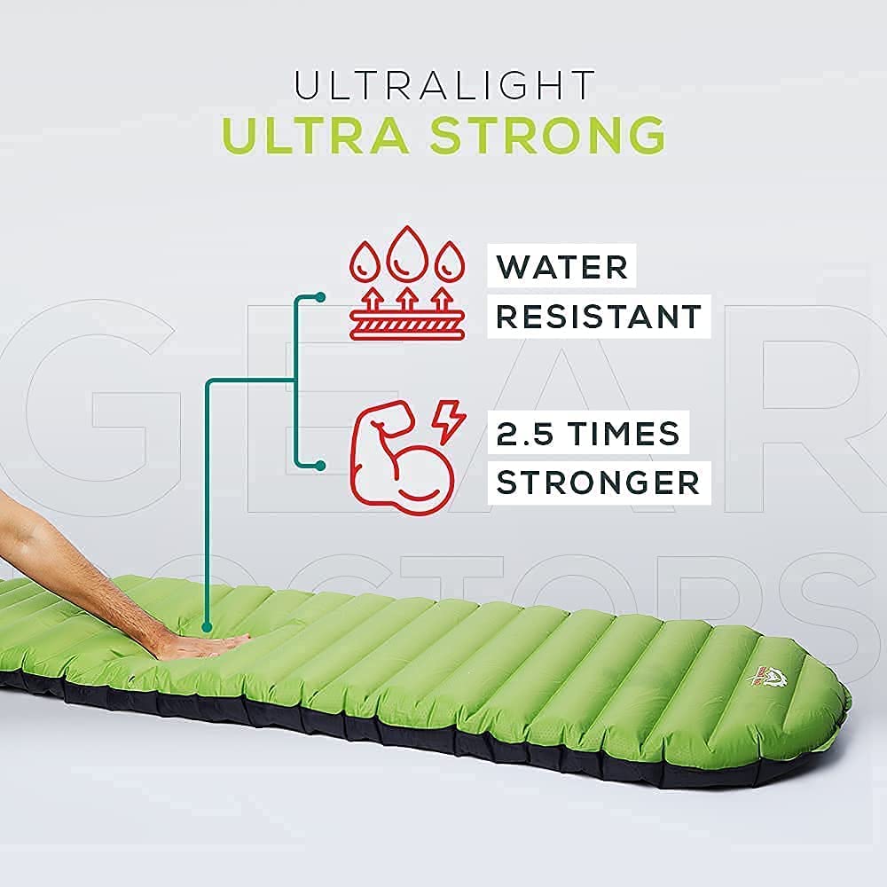 Gear Doctors Ultralight 17oz Apollo-Air Sleeping pad + Blue Anti Slip Camping Pillow Duo, 5.2 R-Value 4 Season Air Mattress with Ergonomic Ultralight Pillow The Size of A Soda Can