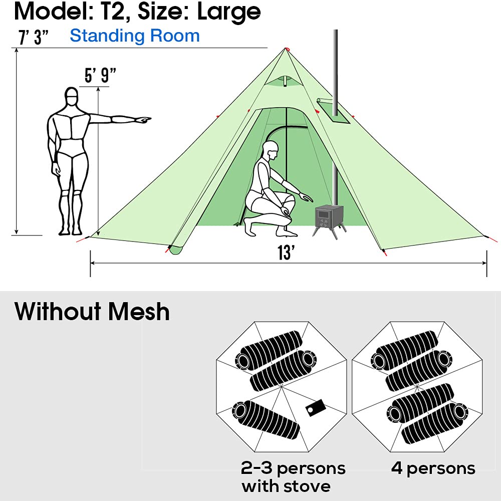 Preself 3 Person Lightweight Tipi Hot Tent with Fire Retardant Flue Pipes Window Teepee Tents for Family Team Outdoor Backpacking Camping Hiking (Khaki T2 Large)