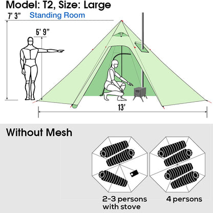 Preself 3 Person Lightweight Tipi Hot Tent with Fire Retardant Flue Pipes Window Teepee Tents for Family Team Outdoor Backpacking Camping Hiking (Khaki T2 Large)