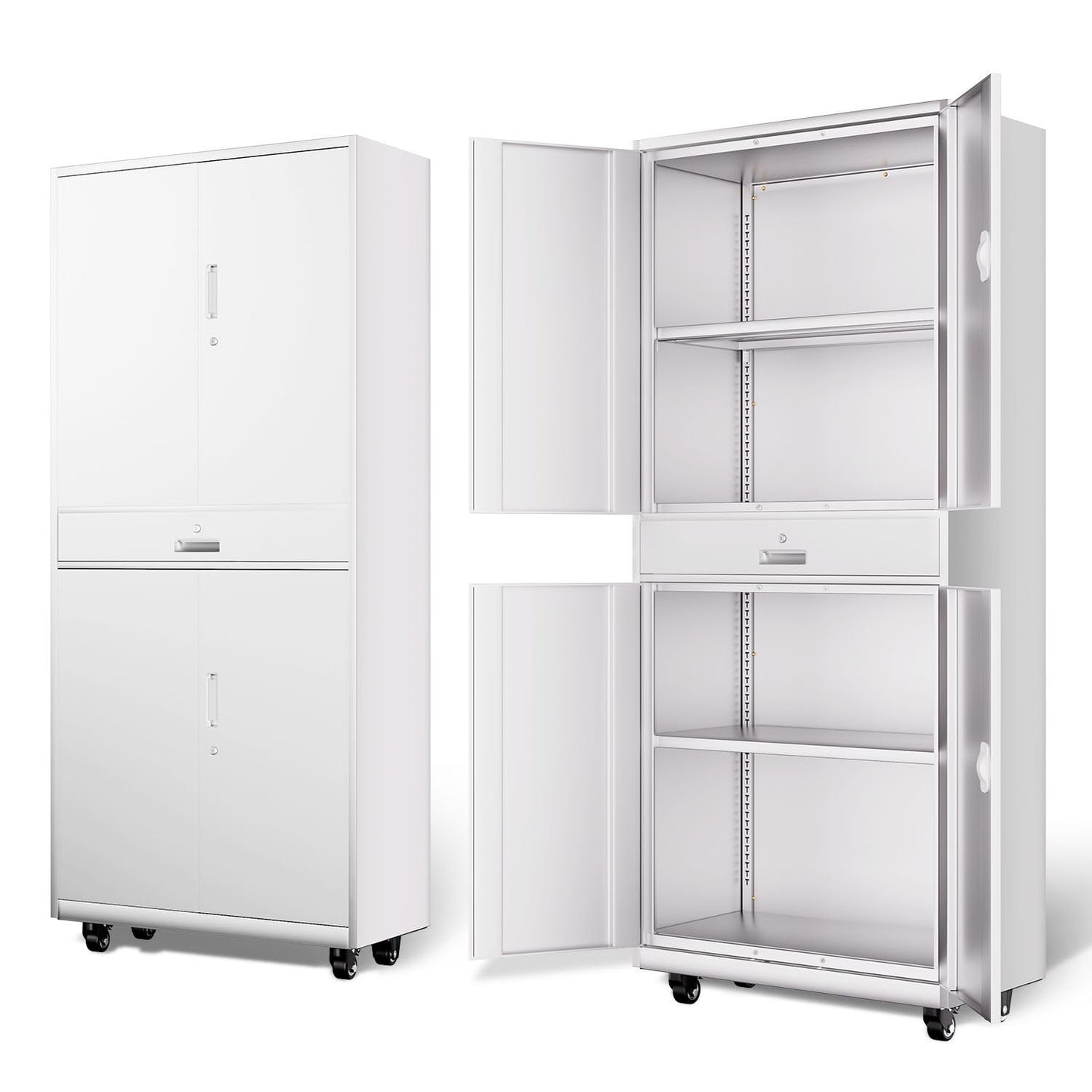 DNA Motoring 73'' Metal Storage Cabinet, Rolling Garage Cabinet with 1 Drawer and Adjustable Shelves, Lockable Heavy Duty Metal Locker for Garage,Office,Home,White, TOOLS-00630-WH-WH-A