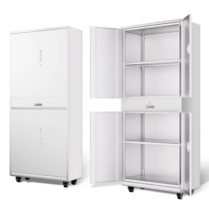 DNA Motoring 73'' Metal Storage Cabinet, Rolling Garage Cabinet with 1 Drawer and Adjustable Shelves, Lockable Heavy Duty Metal Locker for Garage,Office,Home,White, TOOLS-00630-WH-WH-A