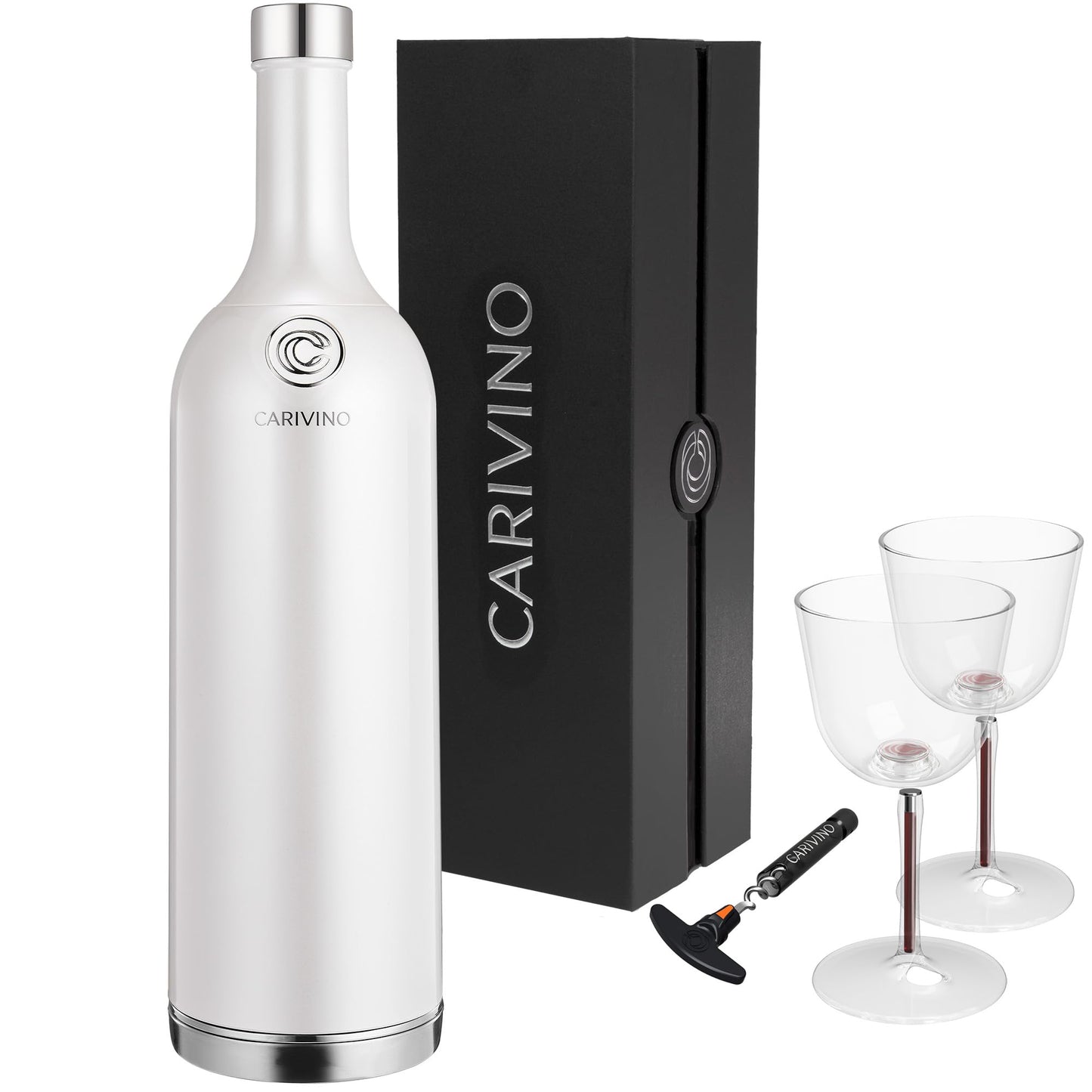 Carivino 750mL Travel Wine Flask with Two Cups, Built in Aerator, Ceramic Lined Vacuum Insulated Wine Bottle Gift (Ayoka Pearl White)