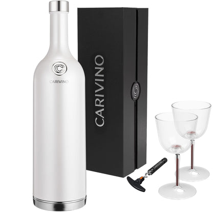Carivino 750mL Travel Wine Flask with Two Cups, Built in Aerator, Ceramic Lined Vacuum Insulated Wine Bottle Gift (Ayoka Pearl White)