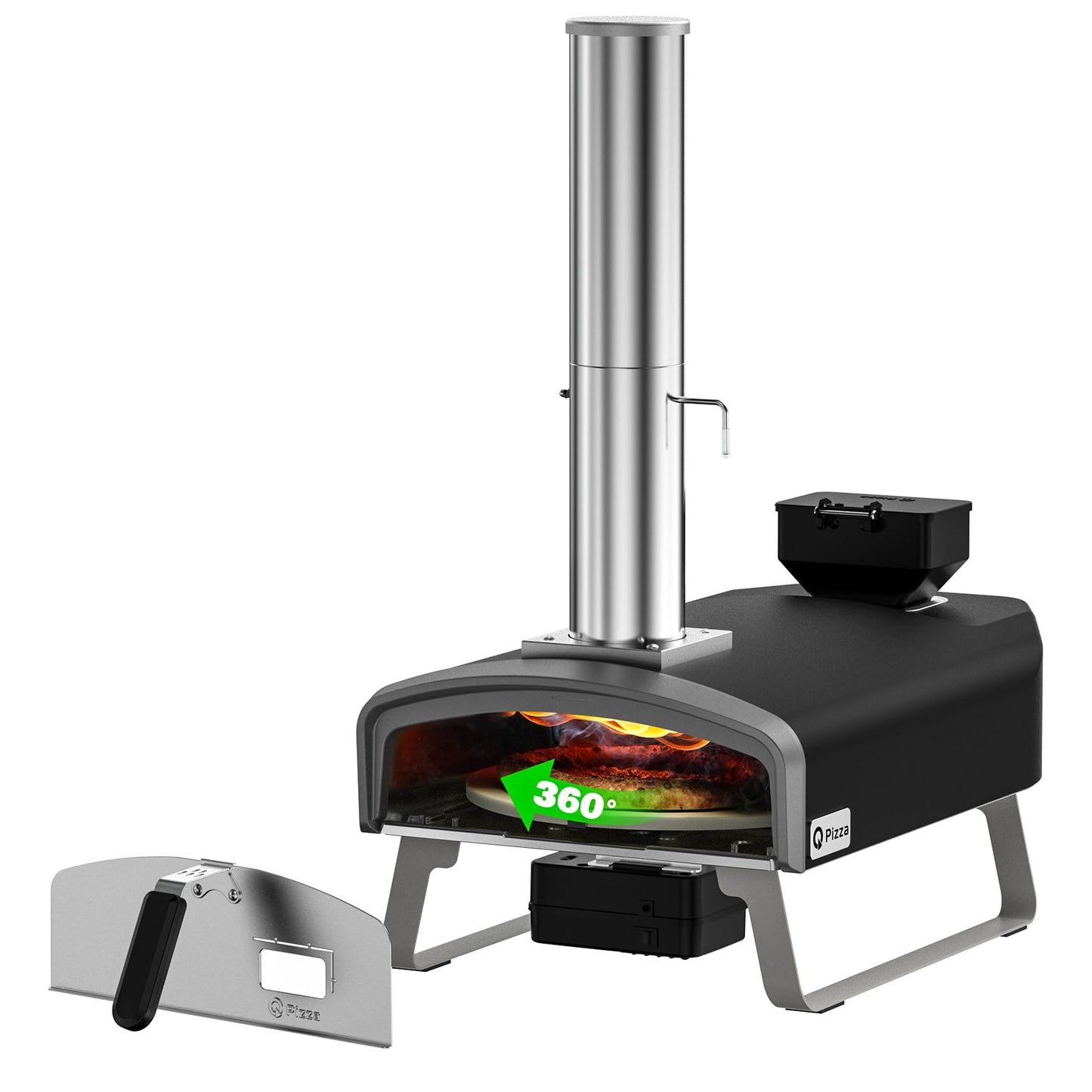 Q Pizza Wood Pellet Pizza Oven with Rotatable Stone, Portable Pellet Pizza Oven with Chimney and Door, Outdoor Pizza Stove for Backyard, Camping, Picnicking, RV, Tailgating, PS106