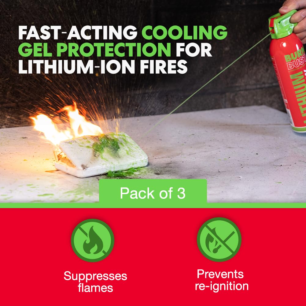 BurnBuster Lithium-Ion Fire Extinguishing Gel 3-Pack - Battery Fire Suppression Gel for Electronics, Stops Thermal Runaway, Non-Toxic, Eco-Friendly, 14oz Canister, Made in USA