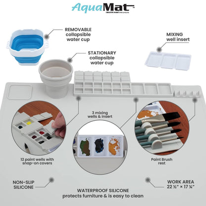 Creative Mark AquaMat Non-Slip Silicone Paint Mat - 23-3/8" x 21-3/8" - 5 Paint Cup Liners & 5 Palette Inserts for Artists, Painters & Crafters, Waterproof Surface Protection Rolls Up for Storage