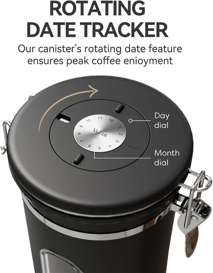 Veken Coffee Canister - Airtight Stainless Steel Container with Window - 22oz Black for Freshness