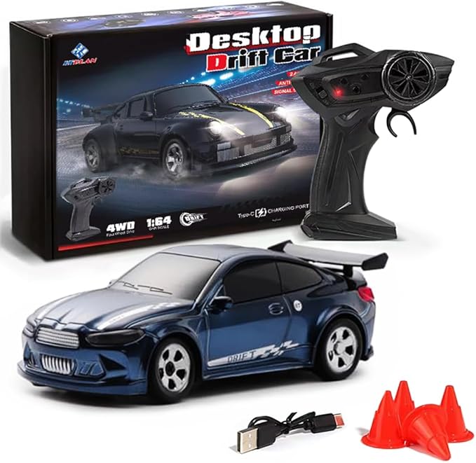 1/64 Scale 2.4G High Speed Drift RC Car Remote Control Drift 4WD Mini Lights System Desktop Drift Car for Adults (Blue)