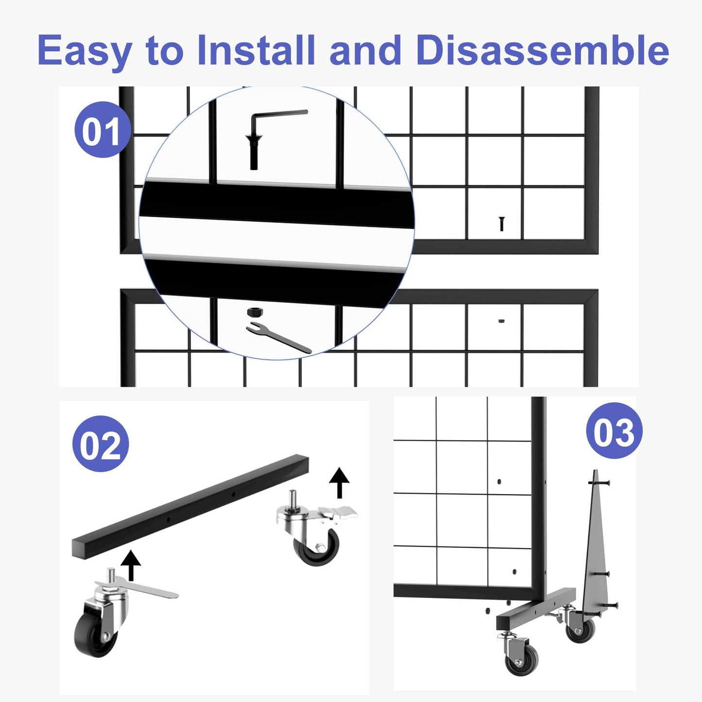DEYEGELEA 3-Pack 2'x5.5' Ft Gridwall Panel Display Stands Heavy Duty Floor Standing Retail Display Rack with Triangle Base for Retail Art Show with 20 Hooks
