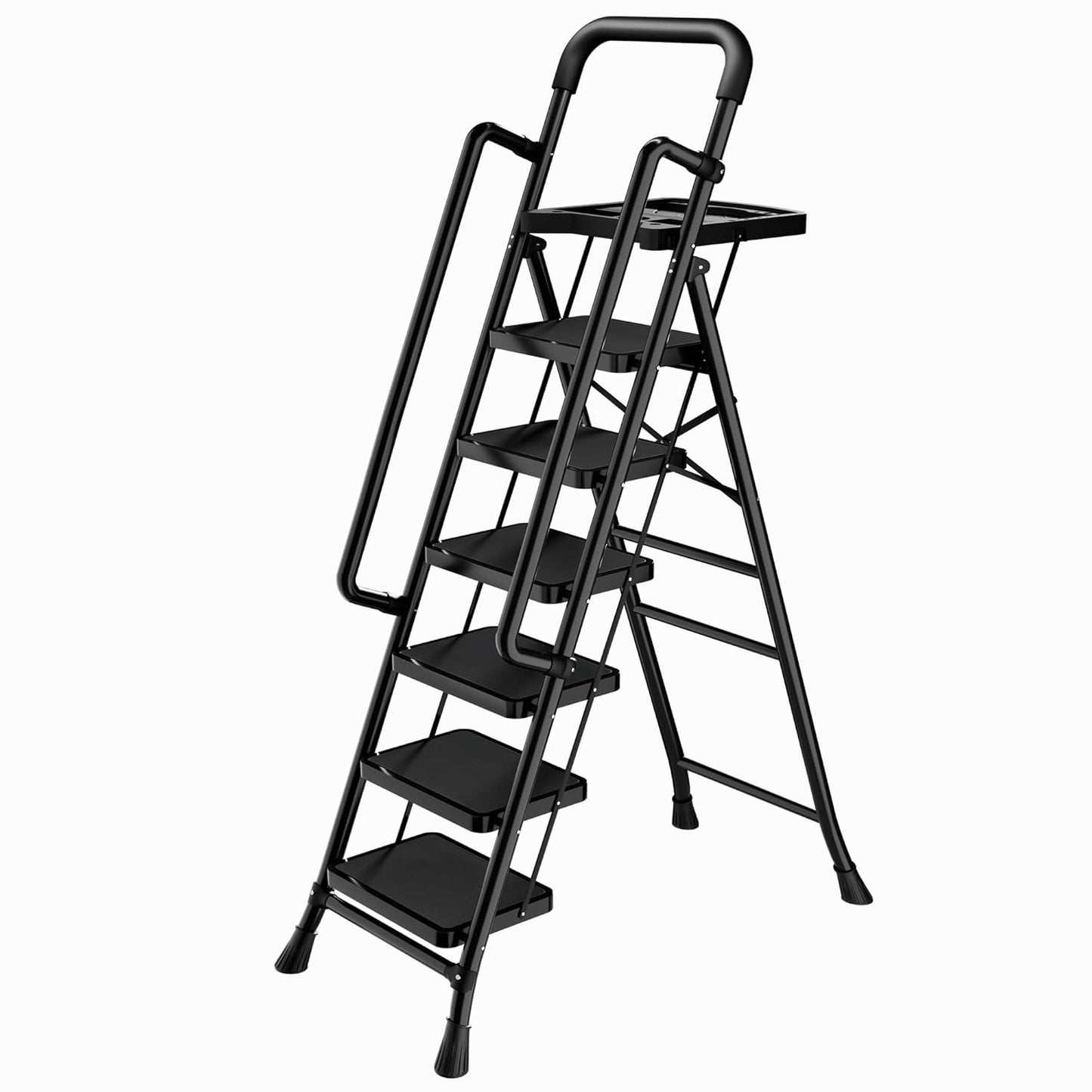 Step Ladder with Platform,Folding Step Stool,Heavy Duty Step Ladders with Anti-Slip Widen Pedals,Handrail,Safe-Lock Design,Step Ladder for Adults (Black, 6 Step+Handrail)