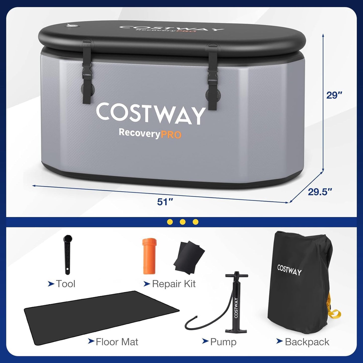 COSTWAY XL 129 Gal Oval Ice Bath Tub with Cover, Portable Outdoor Inflatable Cold Plunge Tub with Backpack, Pump, for Cold and Therapy, Compatible with Water Chillers, Grey