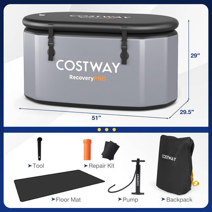 COSTWAY XL 129 Gal Oval Ice Bath Tub with Cover, Portable Outdoor Inflatable Cold Plunge Tub with Backpack, Pump, for Cold and Therapy, Compatible with Water Chillers, Grey