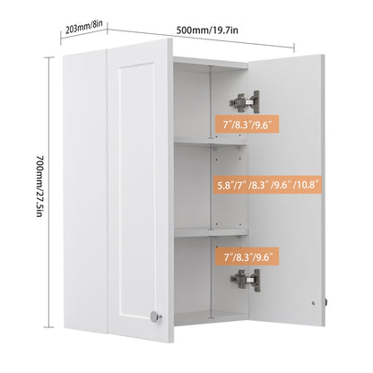 VANIRROR White Wall Mount Cabinet, MDF Over the Toilet Storage Cabinet with Adjustable Shelves, Space Saver 2 Door Medicine Cabinet for Bathroom Laundry Kitchen, 19x 27in, No Paint Odor