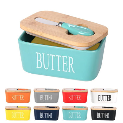 Lxmons Ceramic Butter Dish with Wooden Lid, Large Butters Container Keeper Storage with Stainless Steel Knife Spreader, Bamboo Cover and Silicone Sealing Ring for West East Coast, Aqua