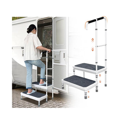Mybow Stepping Stool for Adults, Two Step Stool with Handle, Mobile Home Stairs, SUV Car RV Steps with Handrail, Medical Step Ladder for Handicap, Heavy Duty Step Up Platform, Adjustable Foot Stool