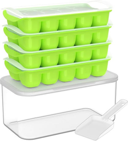 DOQAUS Ice Cube Tray - 4 Pack Stackable Silicone Trays with Lid & Bin | BPA Free for Easy Ice Release