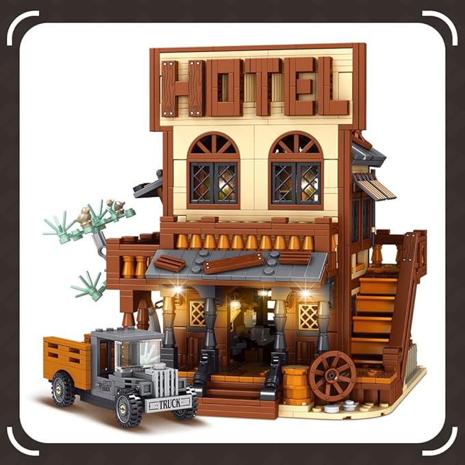 39115 Cowboy City Hotel Building Set with LED Wild West Western Modular Street Scene Model Creative Architecture Kit for Adults 1597 PCS