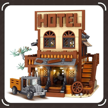 39115 Cowboy City Hotel Building Set with LED Wild West Western Modular Street Scene Model Creative Architecture Kit for Adults 1597 PCS