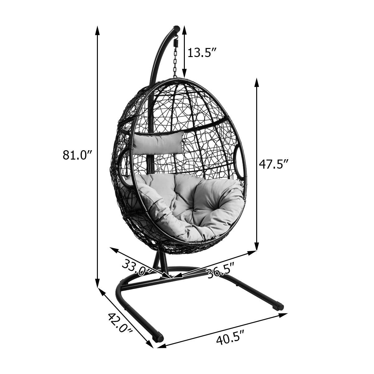 Giantex Hanging Egg Chair, 36.5-Width Oversized Swing Chair with C-Hammock Stand Set, Hammock Chair with Soft Seat Cushion & Pillow, Multifunctional Hanging Chairs for Outdoor Indoor Bedroom (Gray)