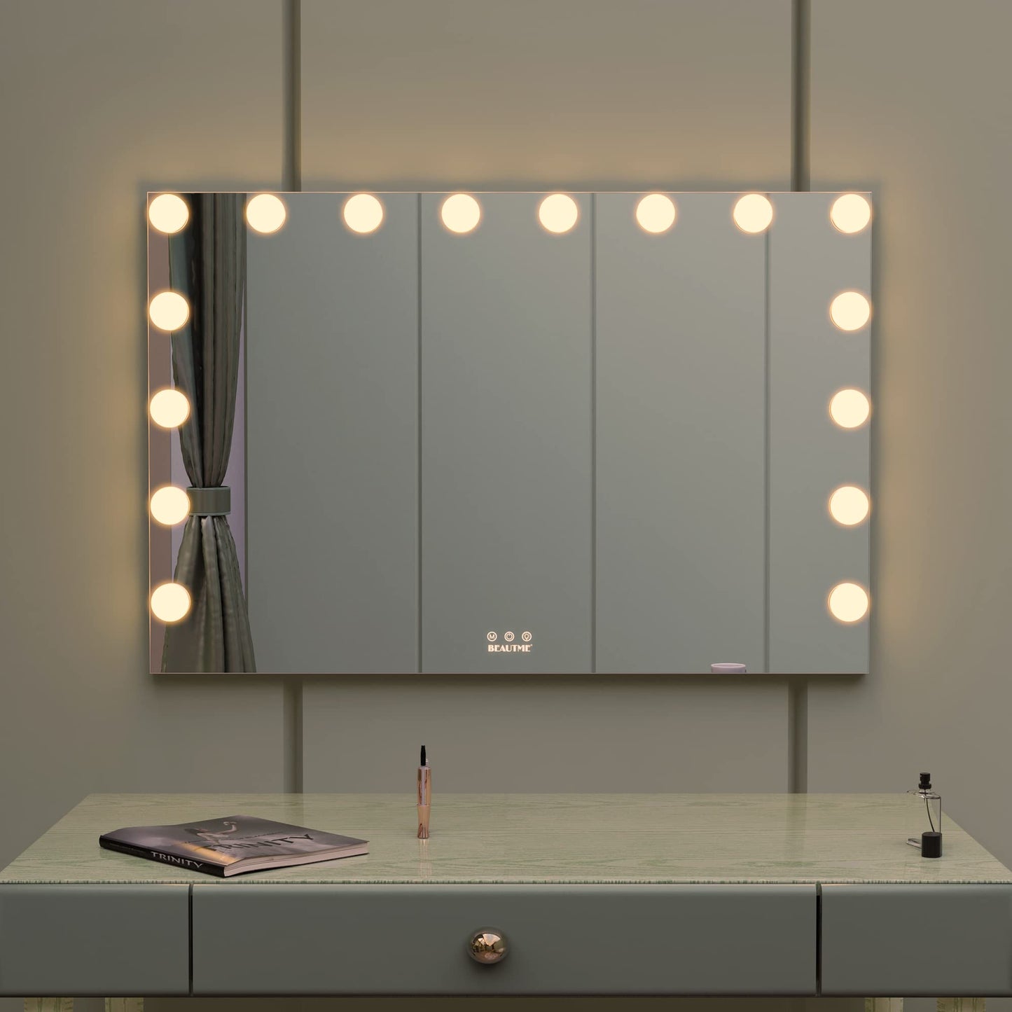 BEAUTME Large Vanity Mirror with Lights, 35.9''×24.3'' Makeup Mirror, Light up Mirror with 16 Dimmable LED Lights and 10X Magnification, 3 Colors Lights Modes, Touch Control, White