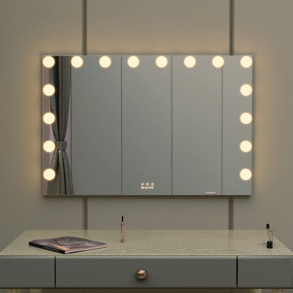 BEAUTME Large Vanity Mirror with Lights, 35.9''×24.3'' Makeup Mirror, Light up Mirror with 16 Dimmable LED Lights and 10X Magnification, 3 Colors Lights Modes, Touch Control, White
