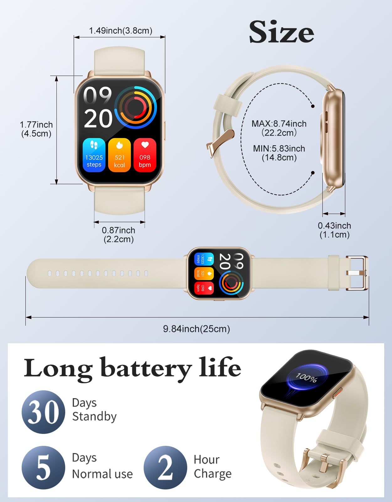 RUIMEN Smart Watches for Women Men (Answer/Make Calls, 2 Bands Included), 1.8" Smartwatch for iOS/Android Phones, Fitness Tracker Heart Rate/Sleep Monitor Digital Watch Waterproof Milky White