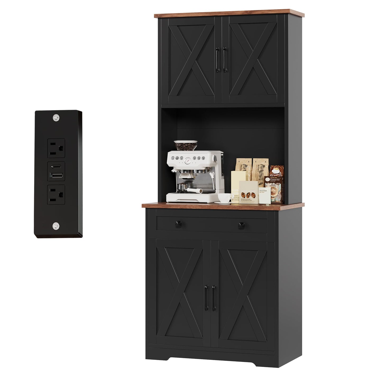 GarveeLife 71" Pantry Cabinet with Charging Station, Tall Kitchen Pantry Storage Cabinet with Microwave Stand, Large Farmhouse Kitchen Hutch with Cabinet Doors & Drawer for Living Room, Dining Room