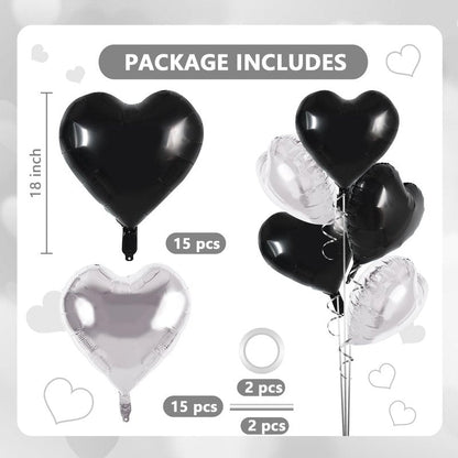 TONIFUL 30Pcs 18 Inch Black Silver Balloons Black Silver Heart Shape Foil Mylar Banners Decoration for Birthday Valentine's Day Wedding Bridal Shower Anniversary Engagement Party Supplies